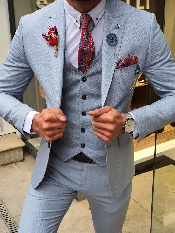 Color: Blue, Size: XL, Ships From: CHINA - 3 Pieces New White Men's Suit 2022  Peak Lapel Slim Fit Casual Tuxedos Groom Tailor Made Terno Masculino (Blazer+Pants+Vest)