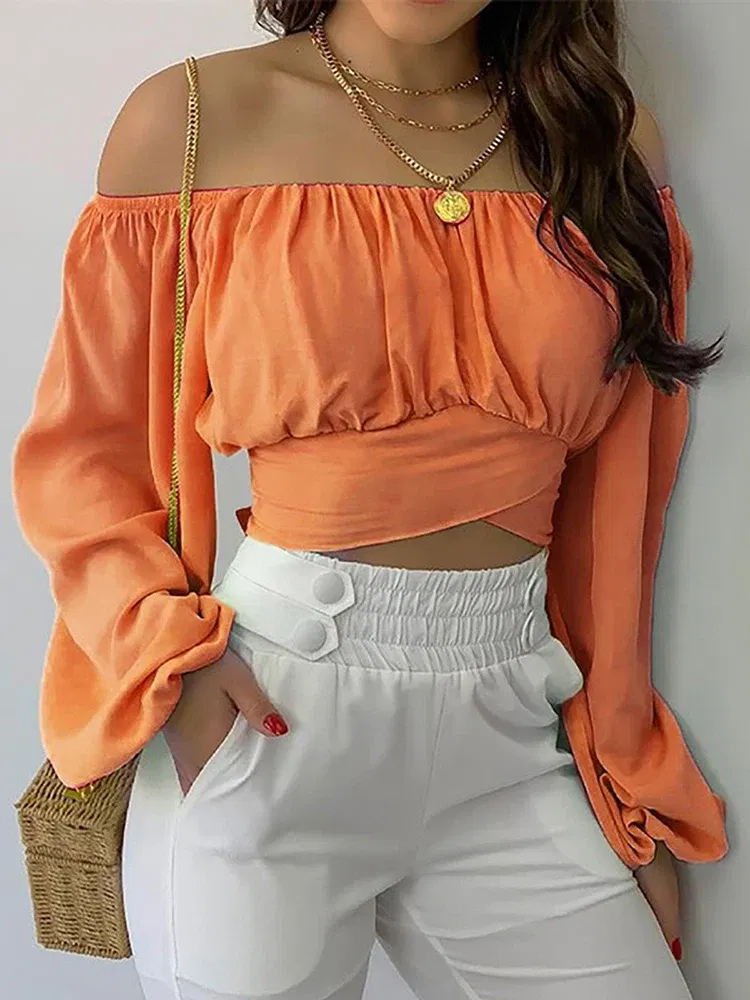 Color: Ivory, Size: XL - Women Sexy Off Shoulder Blouse Chic and Elegant Printing Lantern Long Sleeve Lace Up Bow Cropped Tops Casual Slim Shirts 2024
