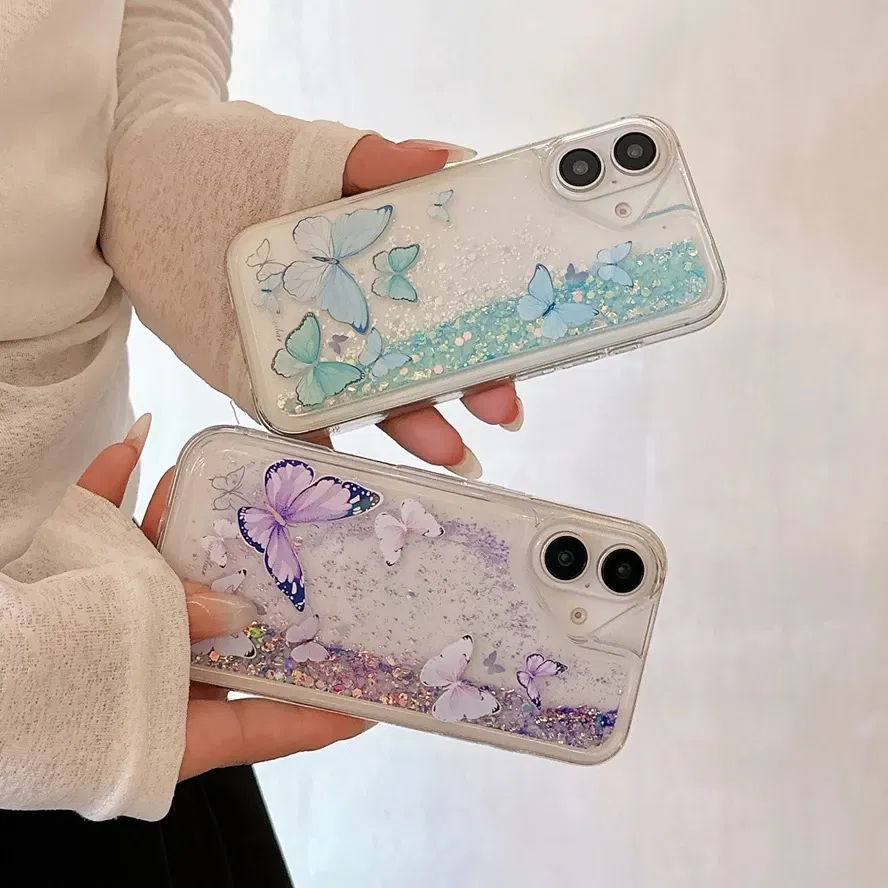 Color: PURPLE, Material: aluminum - Luminous Quicksand Glitter Butterfly Case for iPhone 16 15 14 Pro Max Plus 13 12 Mini 11 X Xs XR Soft Silicone Bling Shiny Cover