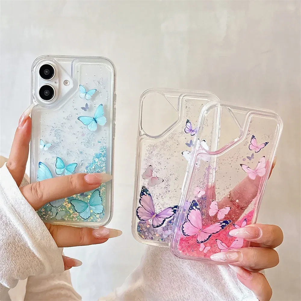 Color: PURPLE, Material: aluminum - Luminous Quicksand Glitter Butterfly Case for iPhone 16 15 14 Pro Max Plus 13 12 Mini 11 X Xs XR Soft Silicone Bling Shiny Cover