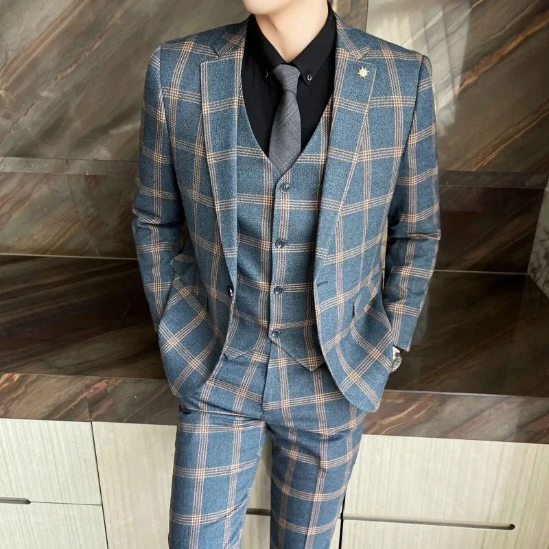 Color: black, Size: L - High-quality British men's fashionable and stylish checkered casual suit set for autumn, a casual and fitted suit set of three