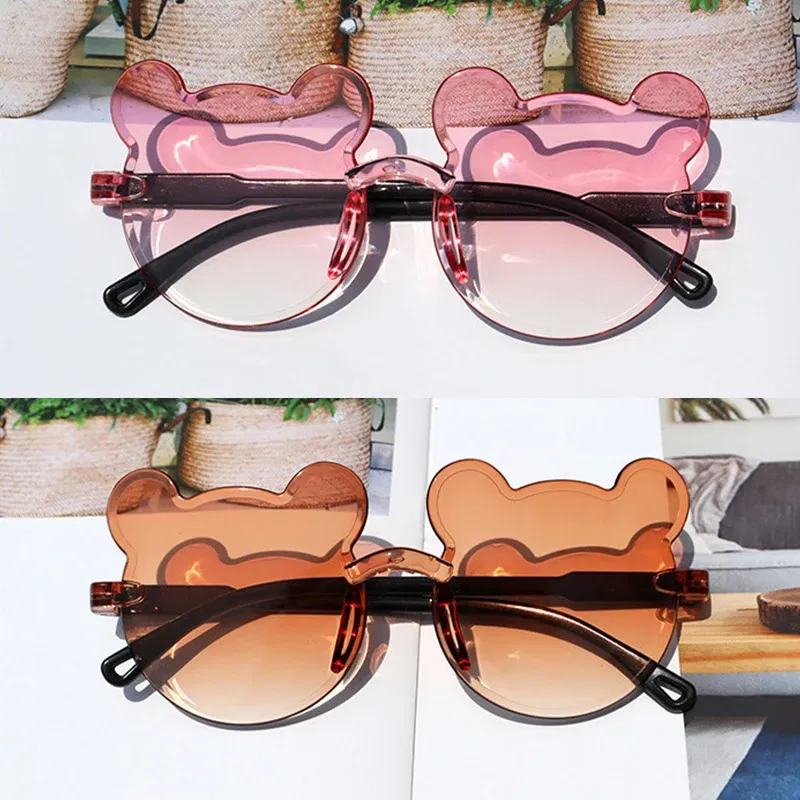 Lenses Color: Red - Hot Sale!Children Cute Cartoon Bear Shape Sunglasses Boy Girls Summer Anti-UV UV400 Rimless Sun Glasses Kids Outdoor Sun Glasses