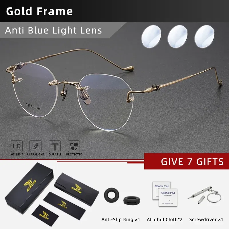 Frame Color: Khaki, Eye Prescription: +50 - BLMUSA Pure Titanium Rimless Anti-blue Light Reading Glasses for Men Round Photochromic Optical Prescription with MR-8 lens