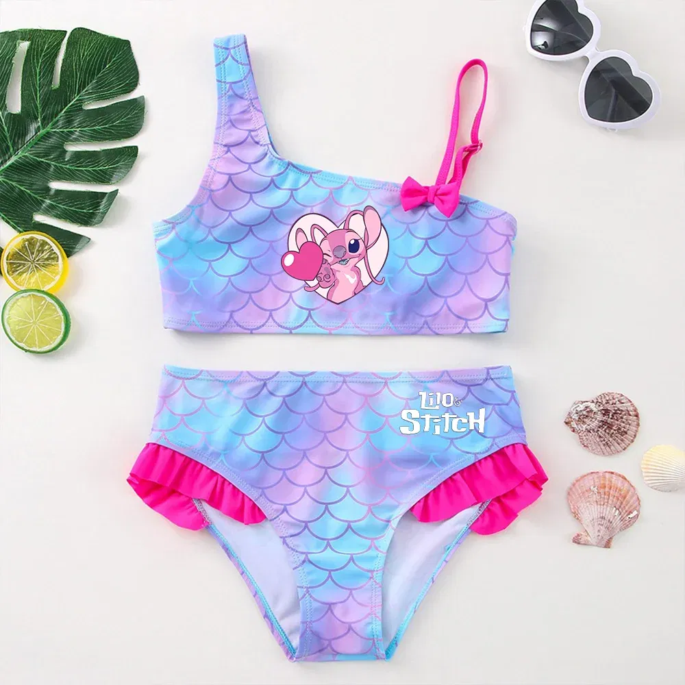 Color: PURPLE, Size: XL - Lilo Stitch Girls Swimsuit One-Piece Bathing Suits Children's Dresses Summer Swimwear Beach Suit Kids Wear Fashion Mermaid Fish
