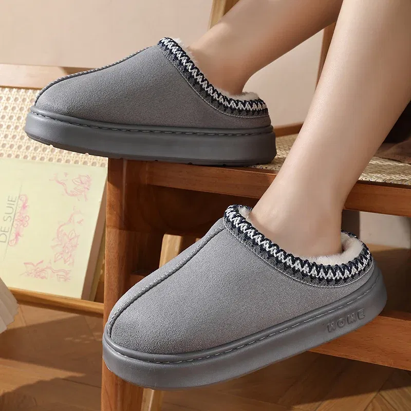 Color: GRAY, Shoe Size: 44-45 - Comfort Thick Bottom Cotton Slippers Women 2025 Winter Warm Thick Plush Non Slip Furry Clogs Shoes Embroidery Suede Snow Boots