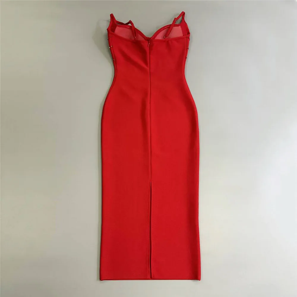 Color: Red, Size: XL - Women Sexy Beading Spaghetti Strap Bandage Dress Bodycon Clothes Club Party Celebrity Elegant Dresses