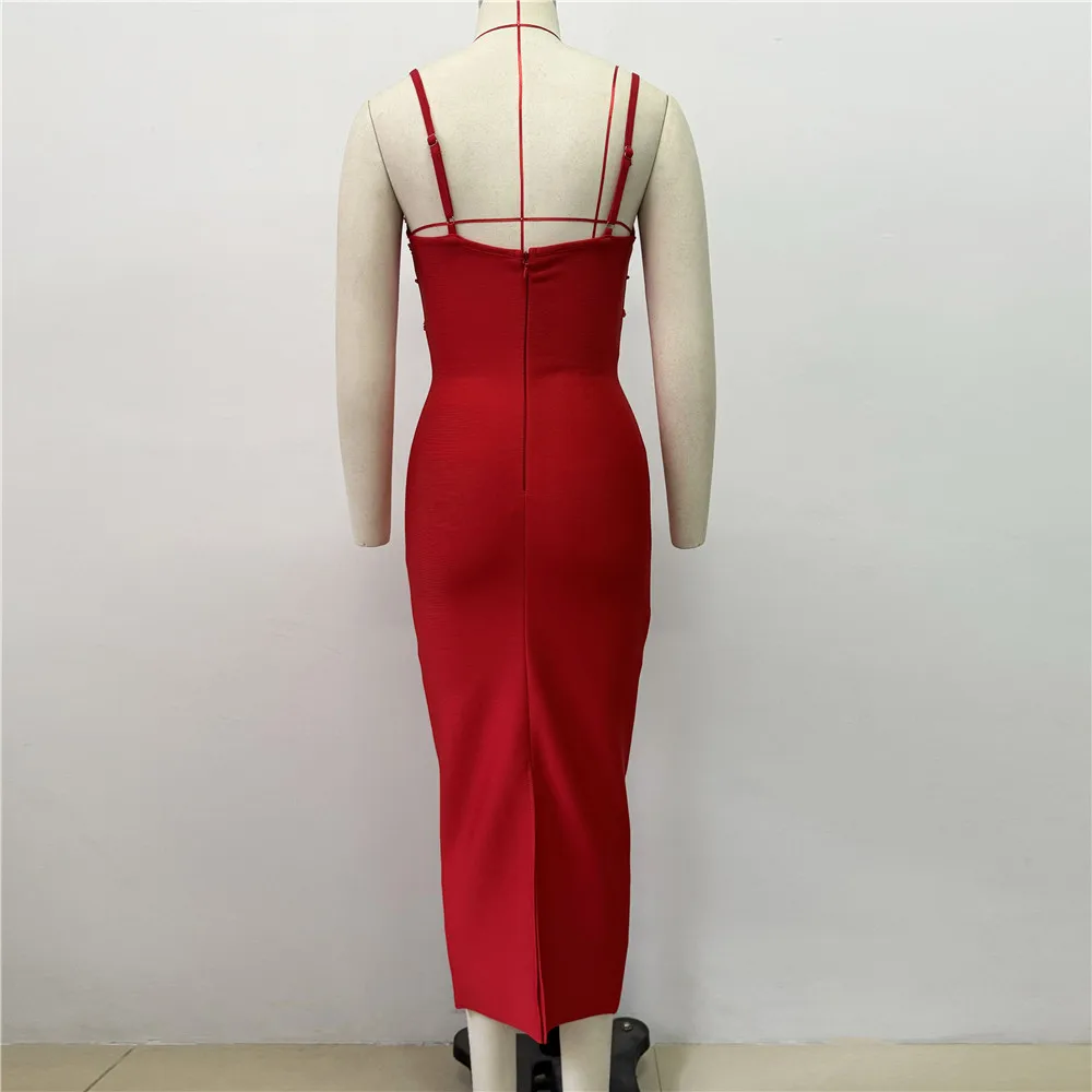 Color: Red, Size: XL - Women Sexy Beading Spaghetti Strap Bandage Dress Bodycon Clothes Club Party Celebrity Elegant Dresses