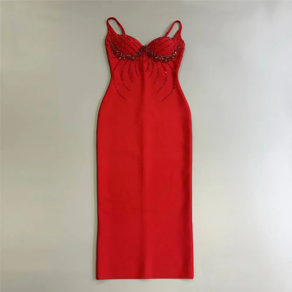 Color: Red, Size: XL - Women Sexy Beading Spaghetti Strap Bandage Dress Bodycon Clothes Club Party Celebrity Elegant Dresses