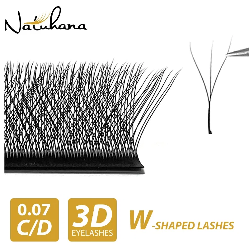 Color: Brushed Brass, Curl: L, Thickness: 0.07mm, Length: 12mm - NATUHANA W-Shaped 4D 5D Volume Eyelash Extensions Premade Volume Fans W Shape Lashes Natural Soft False Eyelashes for Makeup