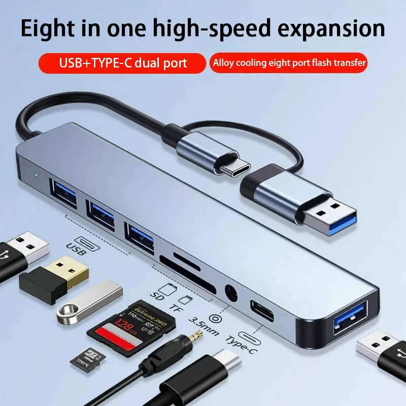 8 In 2 USB HUB With Splitter Card Reader, USB C Port, USB 3.0 / 2.0, SD/TF Splitter Card Reader, Docking Station New
