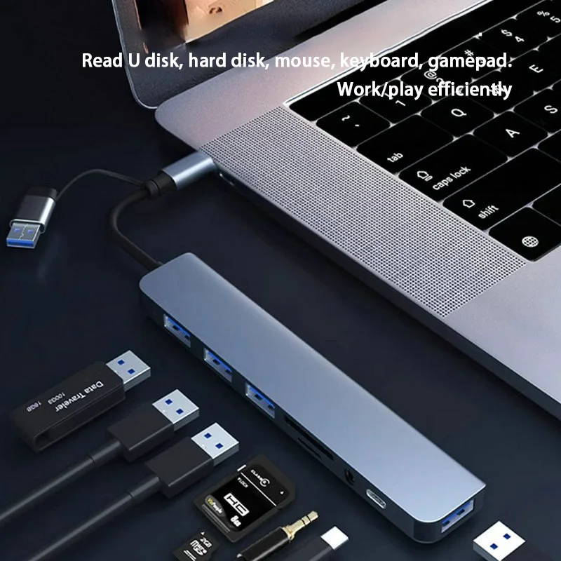 8 In 2 USB HUB With Splitter Card Reader, USB C Port, USB 3.0 / 2.0, SD/TF Splitter Card Reader, Docking Station New