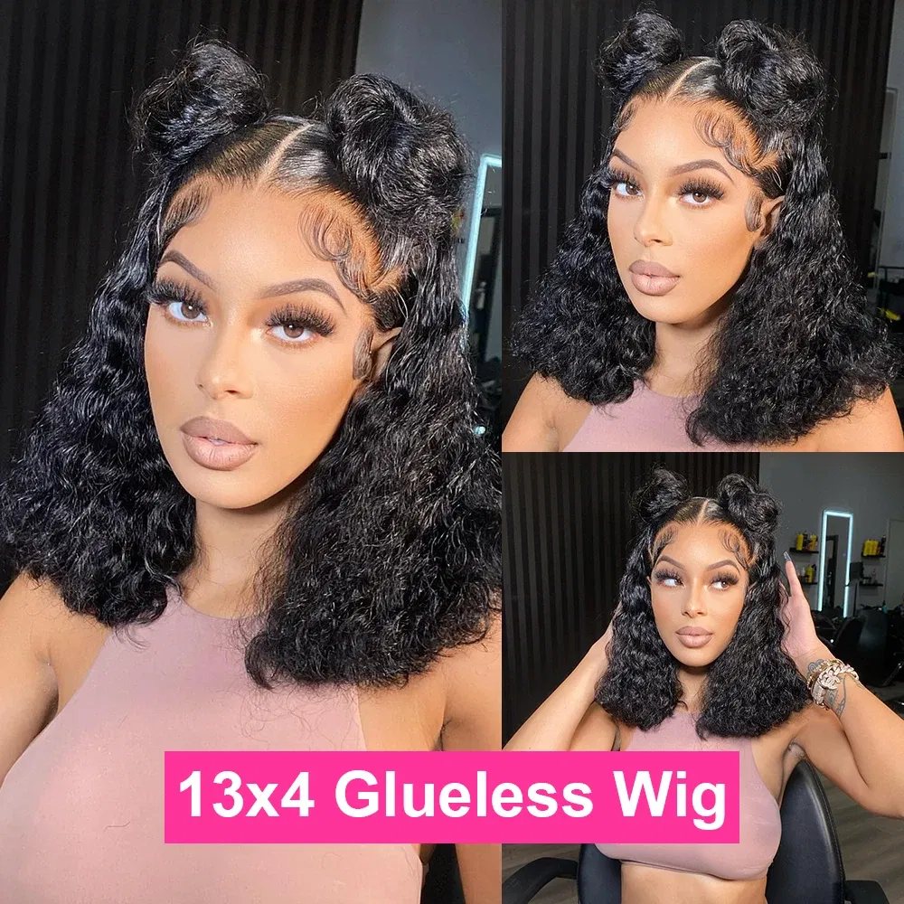 Hair Color: #1, Ships From: United States, Stretched Length: 12INCHES, Density: 150% - Water Wave Bob Wig Glueless Preplucked Human Wigs Ready To Go 13x4 Frontal Brazilian Wigs HD Transparent Lace Wig Deep Curls