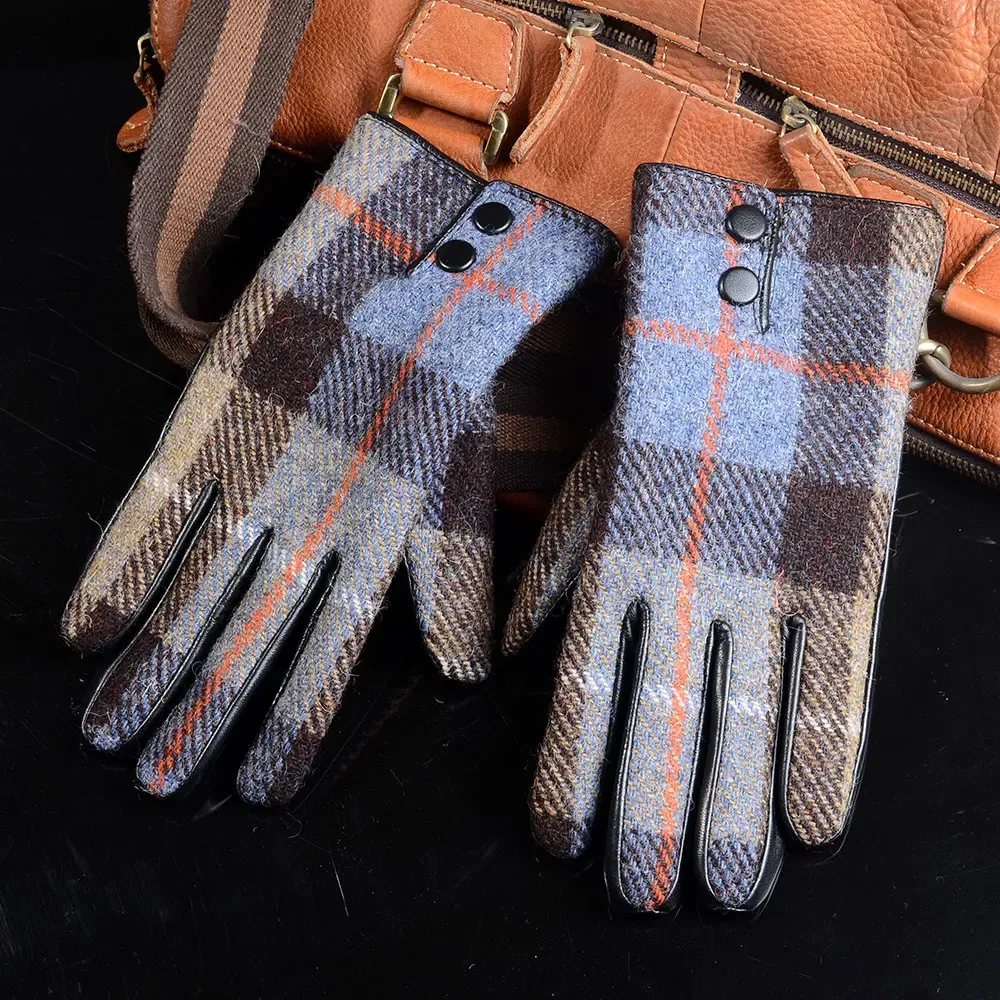 Color: MULTI, Gloves Size: L - New Men's Male Wool Tweed & Leather Winter Warm Thicker Lining fashion Touch Screen Driving Short Gloves