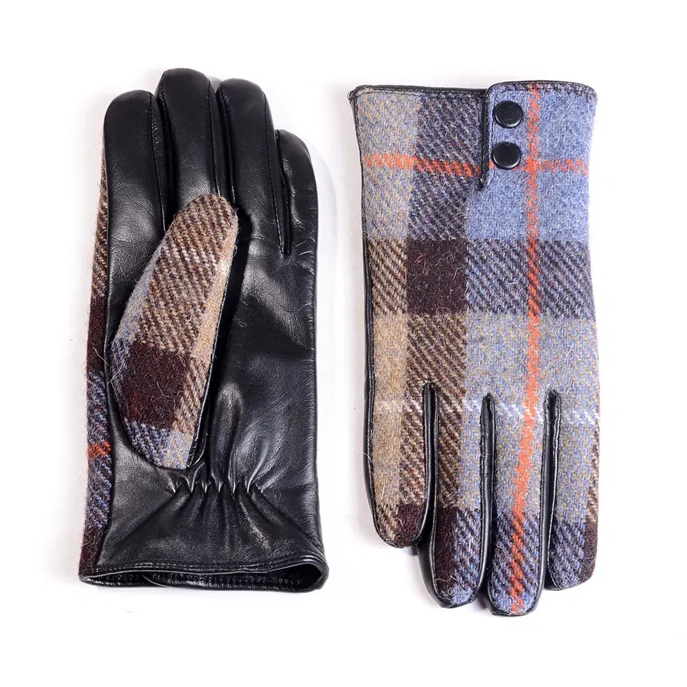 Color: MULTI, Gloves Size: L - New Men's Male Wool Tweed & Leather Winter Warm Thicker Lining fashion Touch Screen Driving Short Gloves