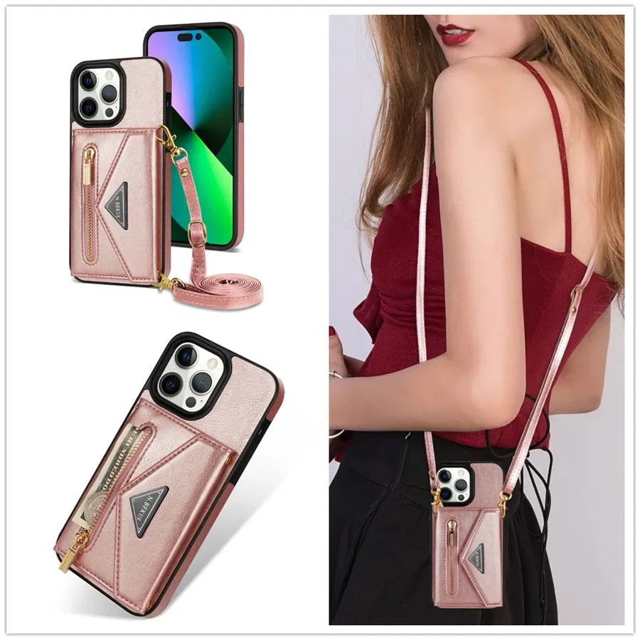 Color: black, Material: aluminum - Wallet Side Card Zipper Flip Crossbody Leather Case For iPhone 15 14 Pro Max 13 Mini 12 11 SE 2022 2020 X XS XR 8 7 6 6s Plus