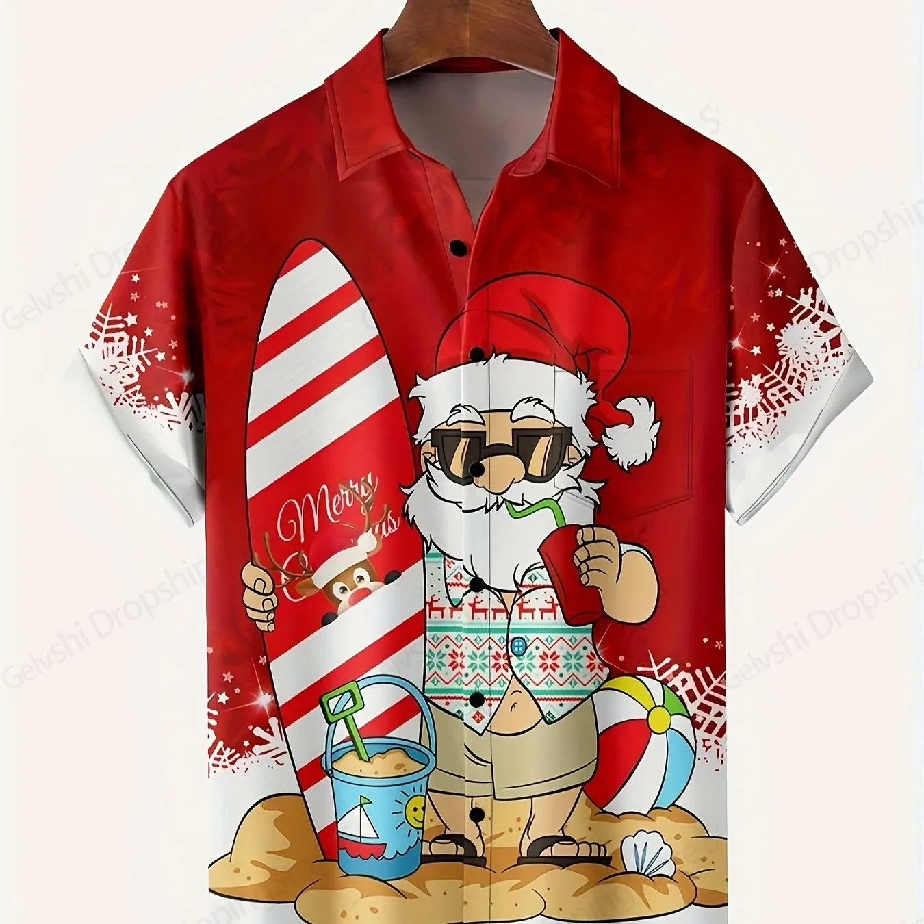 Color: Beige, Size: M - Men's Retro Christmas Hawaiian Shirt Men Women Fashion Cartoon Santa Claus Shirts Short Sleeve Blouse Festive Holiday Top Elk