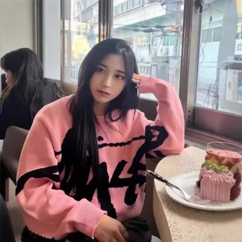 Color: Pink, Size: One Size - New Winter Women Monogram Jacquard Knitted Crew Neck Sweater Graffiti Pullovers Long Sleeve Jumpers Autumn Women Trendy Clothing