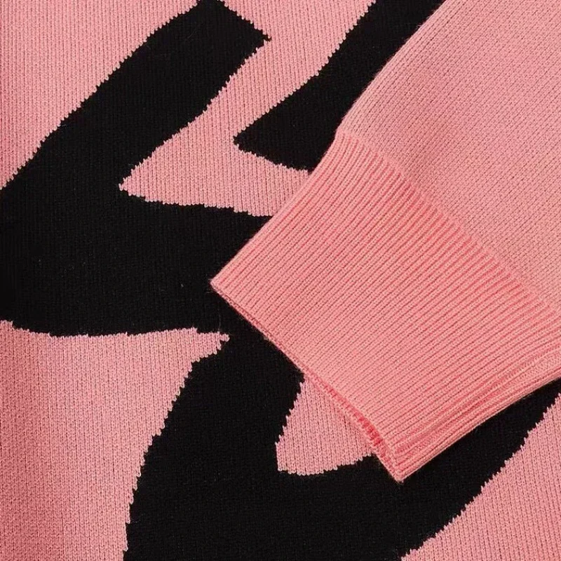 Color: Pink, Size: One Size - New Winter Women Monogram Jacquard Knitted Crew Neck Sweater Graffiti Pullovers Long Sleeve Jumpers Autumn Women Trendy Clothing