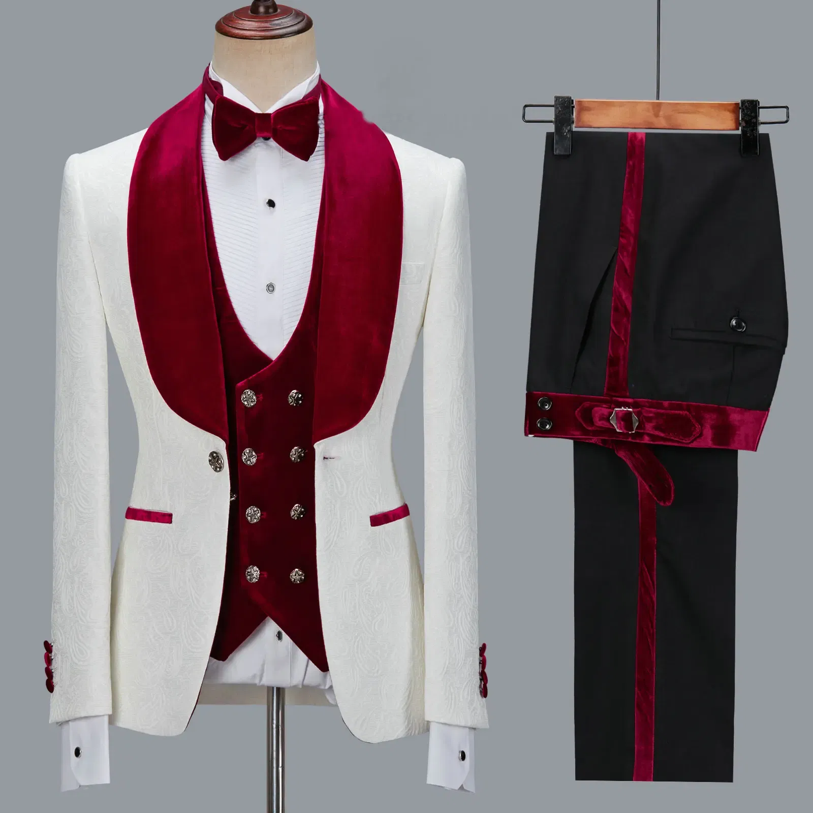 Color: Red, Size: S - Floral Jacket Men Suit Slim Fit Wedding Tuxedo Navy Blue Velvet Lapel Groom Party Suits Costume Homme Best Man Blazer