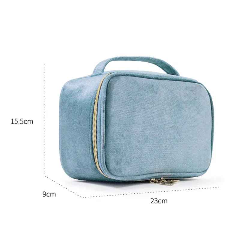 Color: DEEP BLUE - Velvet Cosmetics Bag Top Handle Travel Large Capacity Brushes Suede Makeup Vanity Case Custom Initials Name Gift