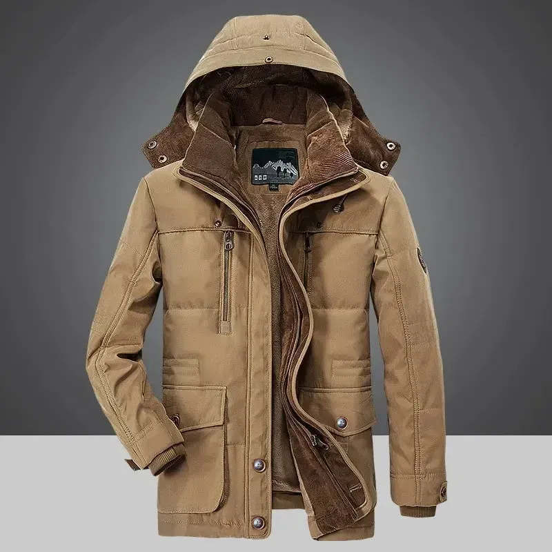 Parka Outdoor Men's Winter Jacket Plus Velvet Thick Warm Multi Pocket Jackets Solid Parkas Male Zipper Coat Large Size Clothing