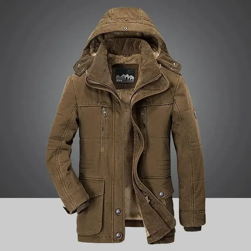 Parka Outdoor Men's Winter Jacket Plus Velvet Thick Warm Multi Pocket Jackets Solid Parkas Male Zipper Coat Large Size Clothing