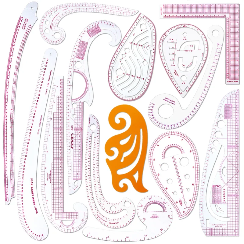 Color: green - Empire sewing ruler and French curve, used for pattern making drafting, transparent plastic fashion designer ruler pieces assemb