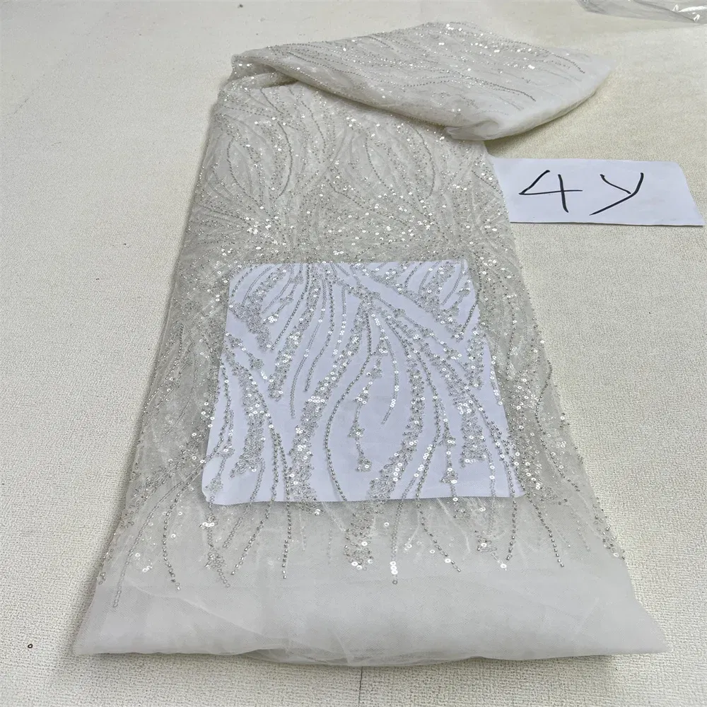 Color: ORANGE RED, Length: 5 yards, Width: 120cm - 2025 African Nigerian Tulle Lace Fabric Sequins Sewing Guipure Beads Stone Embroidery Dresses High Quality 4 Yards