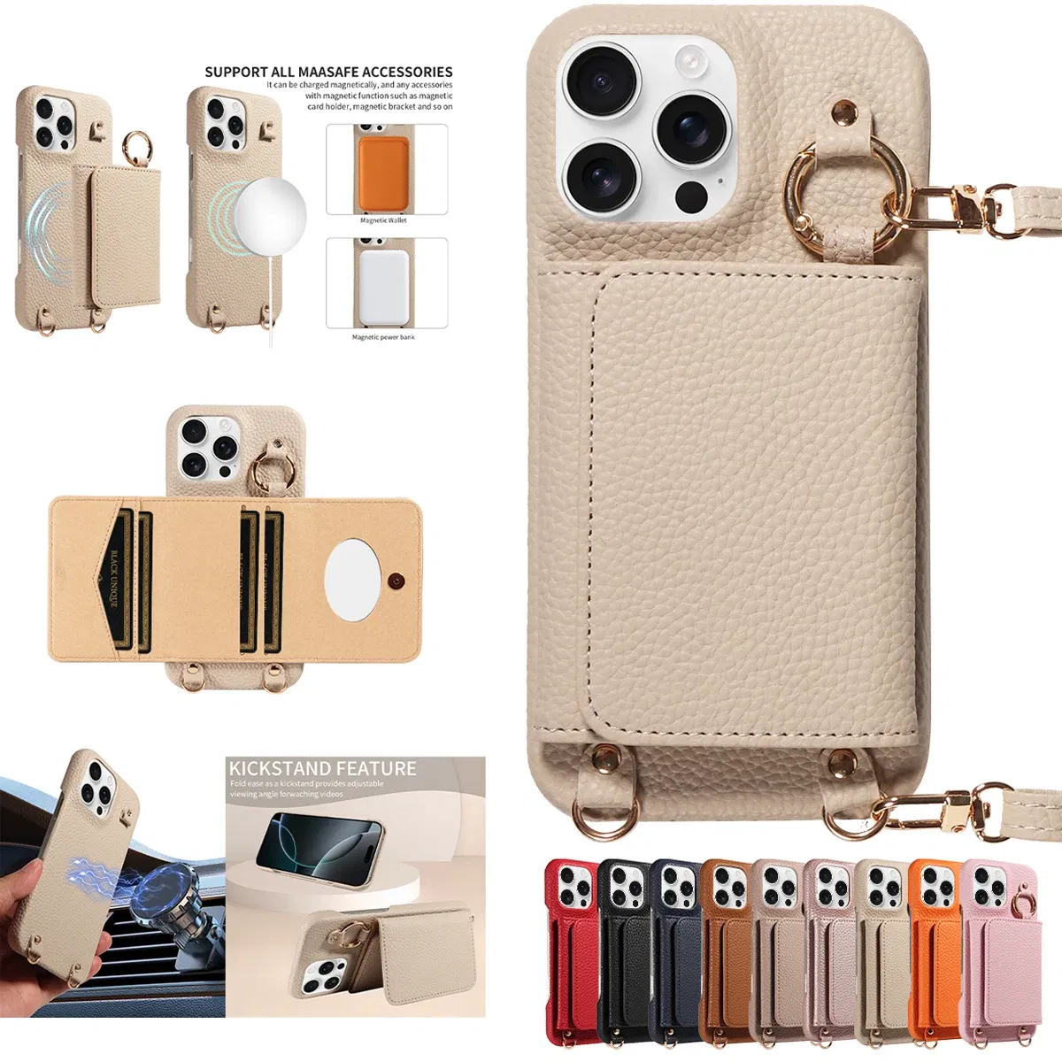Color: Dark Brown, Bundle: Case & Strap, Material: Artificial Leather, Compatibility by Model: iPhone 16 Pro Max - For IPhone16 15 Pro Max 14 13 12 Series PU Leather Magsafe Magnetic Wireless Charging Shockproof Crossbody Wallet Phone Case