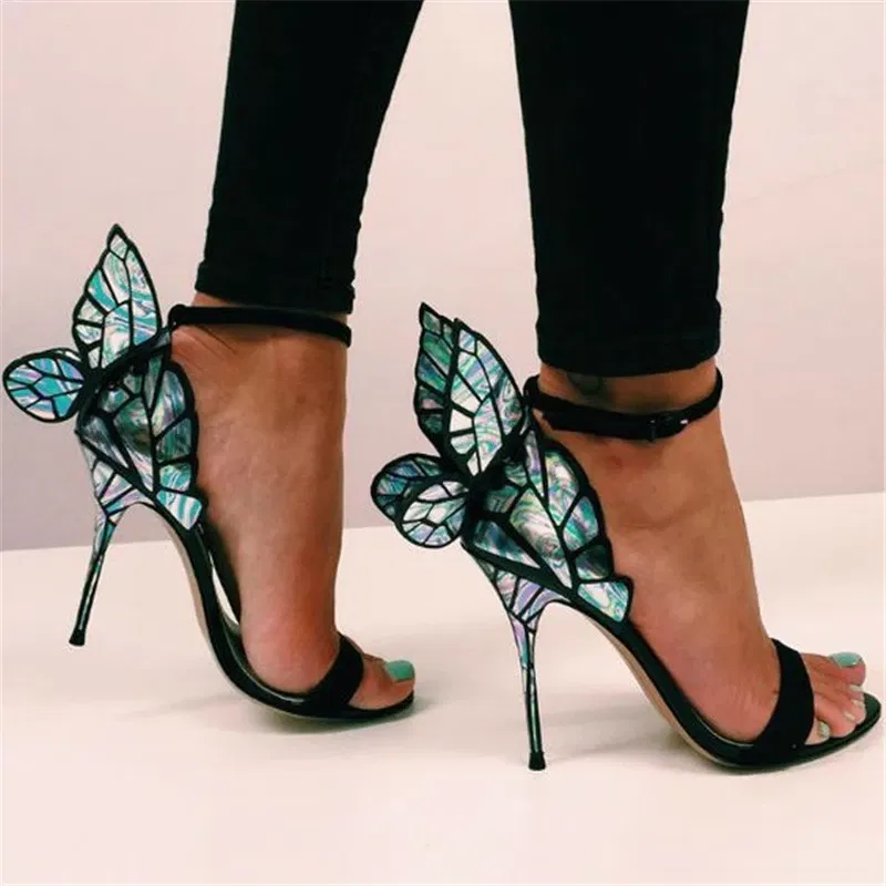 Color: Blue, Shoe Size: 6 - Women Summer Sandals Fashion Embroidered Satin Butterfly High Heeled Footwear Adjustable Ankle Strap Shoes Women high heels