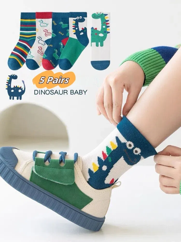 Color: Blue, Size: 4-6T - Children's Socks Autumn Boys Cartoon Dinosaur Socks 1-14T Kids Cotton Socks Student Sporty Socks 5 Pairs
