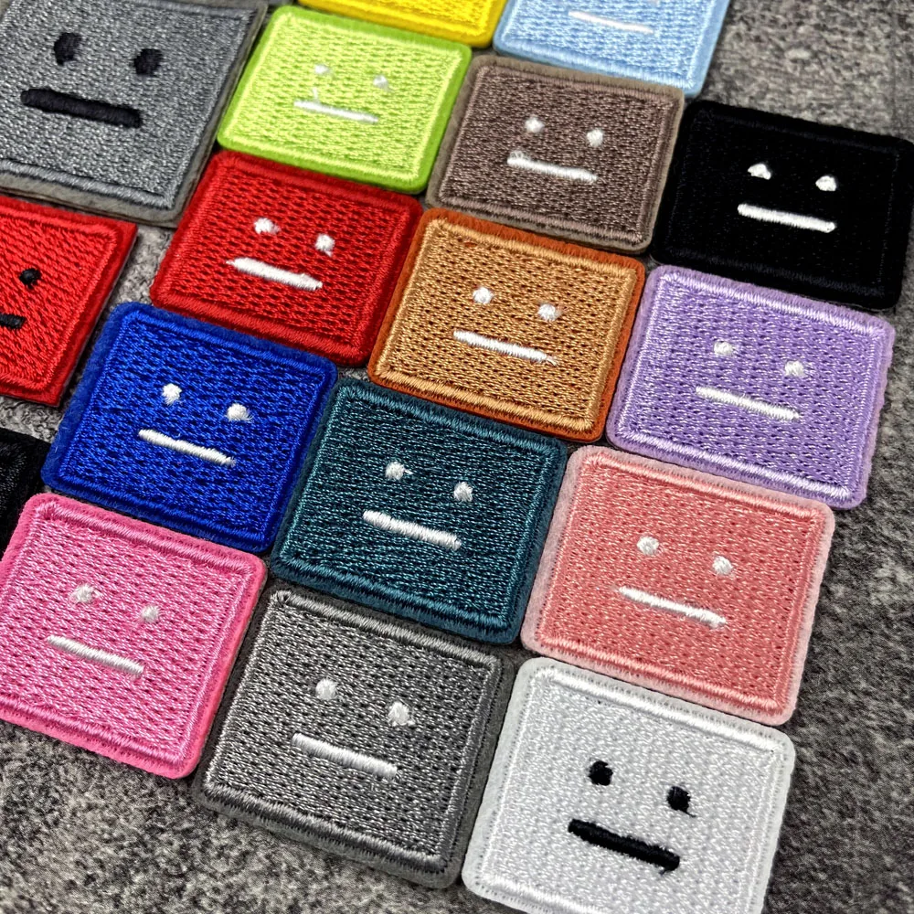 Color: Blue - Square Expression Embroidered Applique Patches Fabric Garment Apparel Clothing Accessories Embroidery Badges Pink Black White