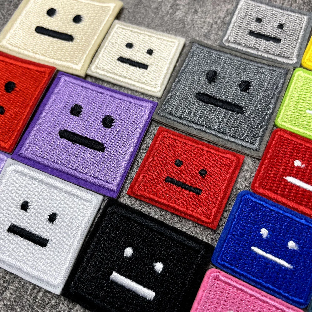 Color: Blue - Square Expression Embroidered Applique Patches Fabric Garment Apparel Clothing Accessories Embroidery Badges Pink Black White