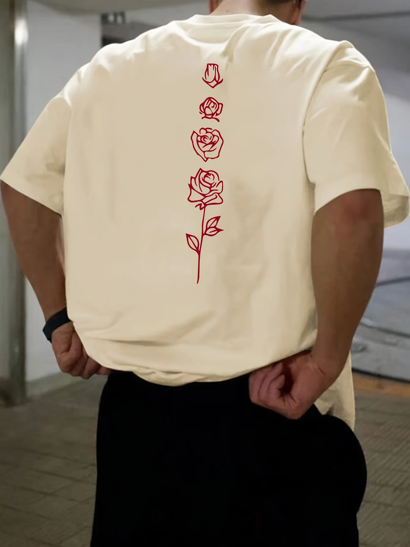 Color: black, Size: L - Men's Summer Loose Fit 100 Cotton Rose pattern Print T-shirt Tops