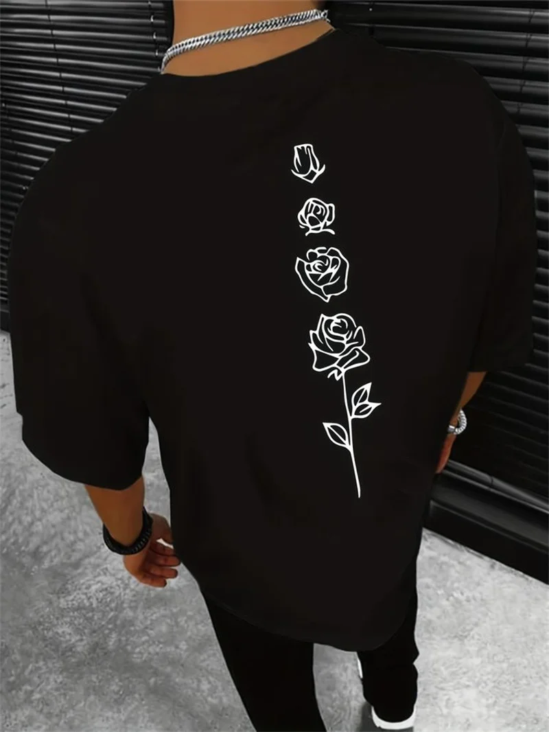 Color: black, Size: L - Men's Summer Loose Fit 100 Cotton Rose pattern Print T-shirt Tops