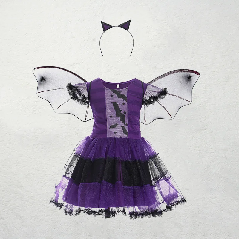 Kid Size: 4T, Color: GRAY - Halloween Children Purple Vampire Costume Girls Dress Kids Clothes Baby Bat Spider Party Cosplay Headband +Wing Outfit