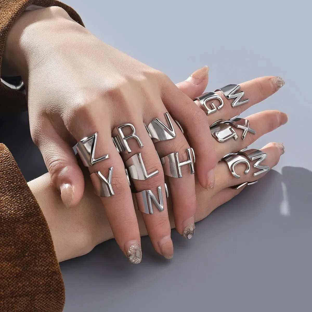 Metal Color: Platinum Plated, Ring Size: resizable - LAViXMIA Alphabet A-Z Letter Never Fade Stainless Steel Rings Women Jewelry Fashion Initial Ring Adjustable Size Birthday Gifts