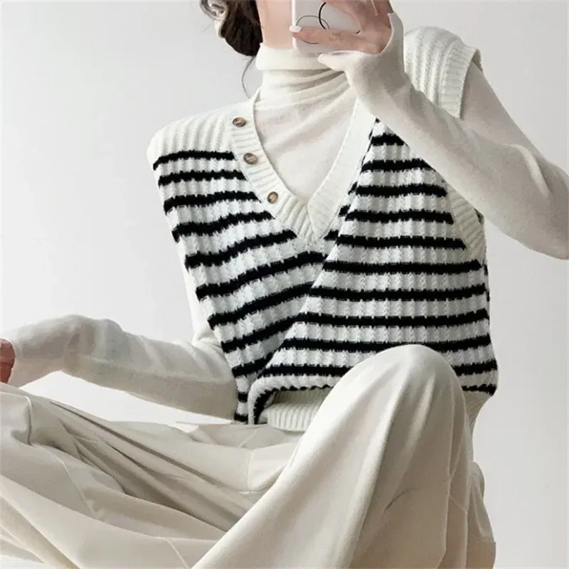 Color: WHITE, Size: One Size - Women Sweater Vest Pullover Jumpers Sleeveless Striped Knitted V Neck Jumper Streetwear Button High Street Y2k Slight Strech