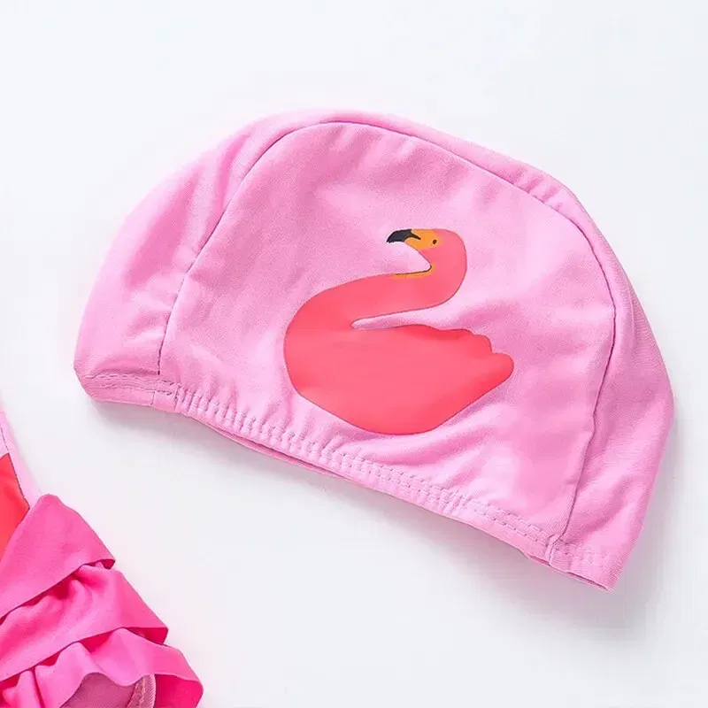 Size: M, Color: Pink - Summer Girls Swimsuit Children Korean Cartoon One-piece Children Hot Spring Triangle Set With Swimming Cap