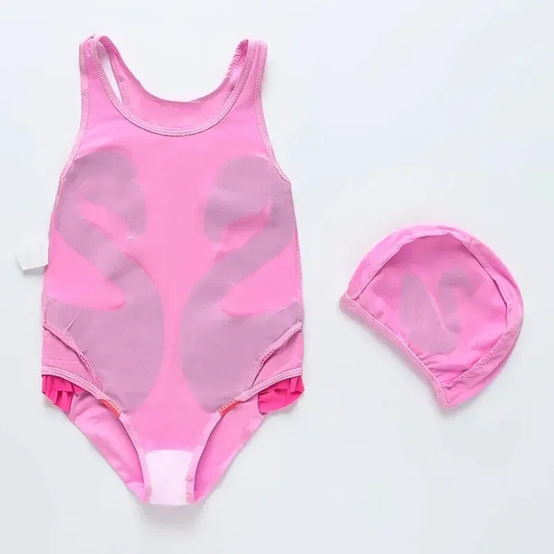 Size: M, Color: Pink - Summer Girls Swimsuit Children Korean Cartoon One-piece Children Hot Spring Triangle Set With Swimming Cap