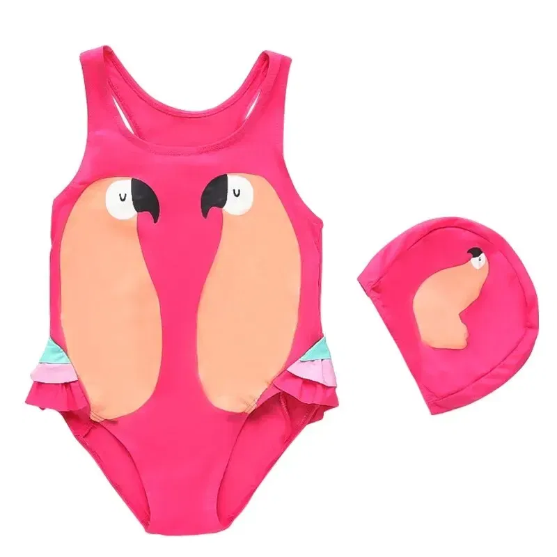 Size: M, Color: Pink - Summer Girls Swimsuit Children Korean Cartoon One-piece Children Hot Spring Triangle Set With Swimming Cap