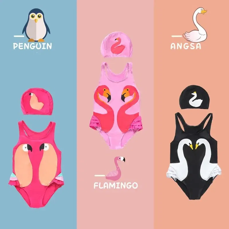 Size: M, Color: Pink - Summer Girls Swimsuit Children Korean Cartoon One-piece Children Hot Spring Triangle Set With Swimming Cap