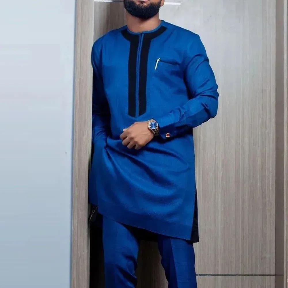 Color: ROYAL BLUE, Size: M - 2024 New African Traditional Men's Set Elegant and Fashionable Men's Suit Casual Embroidery Two Piece Set Men's Suit Kaftan