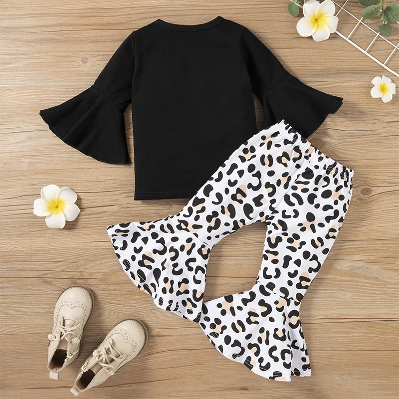 Color: black, Kid Size: 6T - 2pcs Baby Girl Clothes Sets Black Pullover Top + Leopard Print Bell-Bottoms Autumn Children's Clothing For 2 3 4 5 7 8 Years Old