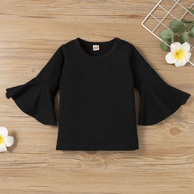Color: black, Kid Size: 6T - 2pcs Baby Girl Clothes Sets Black Pullover Top + Leopard Print Bell-Bottoms Autumn Children's Clothing For 2 3 4 5 7 8 Years Old