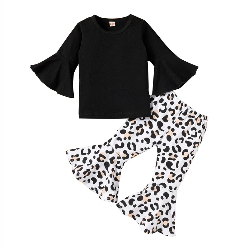 Color: black, Kid Size: 6T - 2pcs Baby Girl Clothes Sets Black Pullover Top + Leopard Print Bell-Bottoms Autumn Children's Clothing For 2 3 4 5 7 8 Years Old