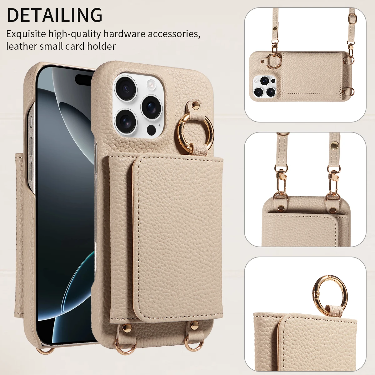 Color: Khaki, Bundle: Case & Strap, Material: Artificial Leather, Compatibility by Model: iPhone 14 Pro Max - For IPhone16 15 Pro Max 14 13 12 Series PU Leather Magsafe Magnetic Wireless Charging Shockproof Crossbody Wallet Phone Case