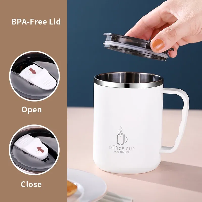 Color: Light Grey, Capacity: 401-500ml - 500ml/17oz 304 Stainless Steel Water Bottle Double Layers Coffee Mug Milk Cup With Plastic Lid And Handle