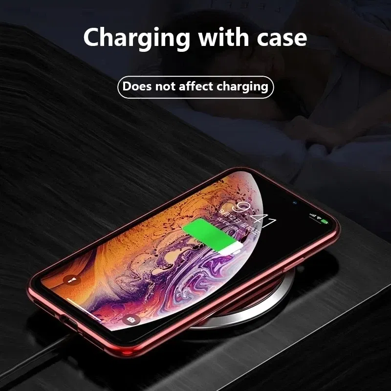 Color: Black, Material: nylon - Magnetic Metal Case For iPhone 15 14 13 12 11 Pro 14Pro Max XS X XR 7 8 14Plus 12 Mini SE 2020 Double Sided Tempered Glass Cover