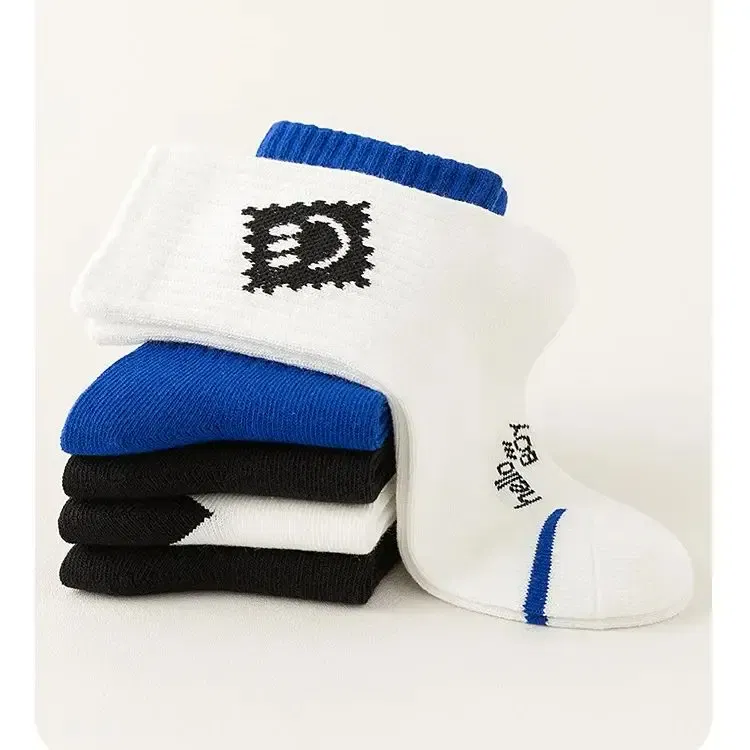 Color: Beige, Size: 10-12T - 1-14T Children's Socks Spring Autumn Cotton Socks Kids Letter Spoty Socks Boys Baby Mid Calf Sport Socks 5 Pairs/lot